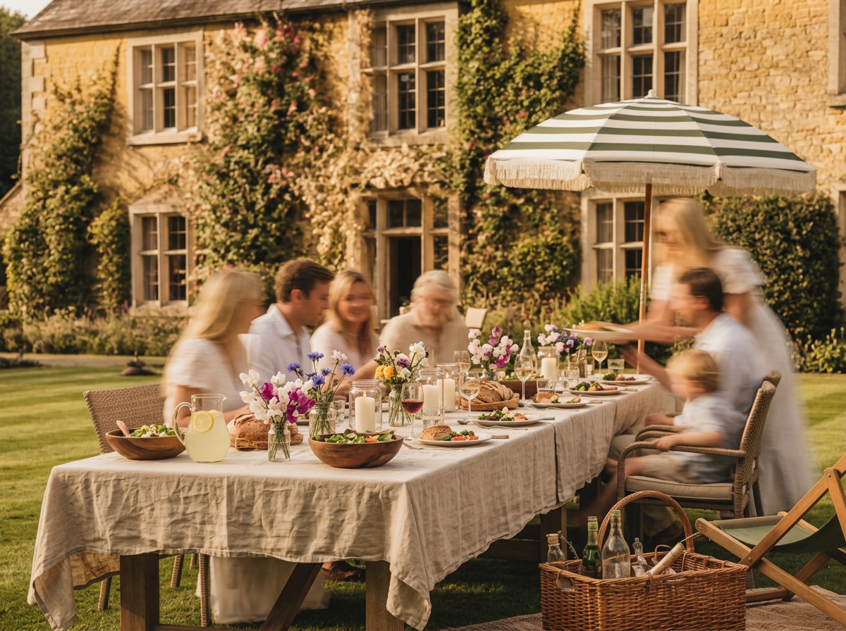 A long Sunday lunch table under a striped parasol in an English garden