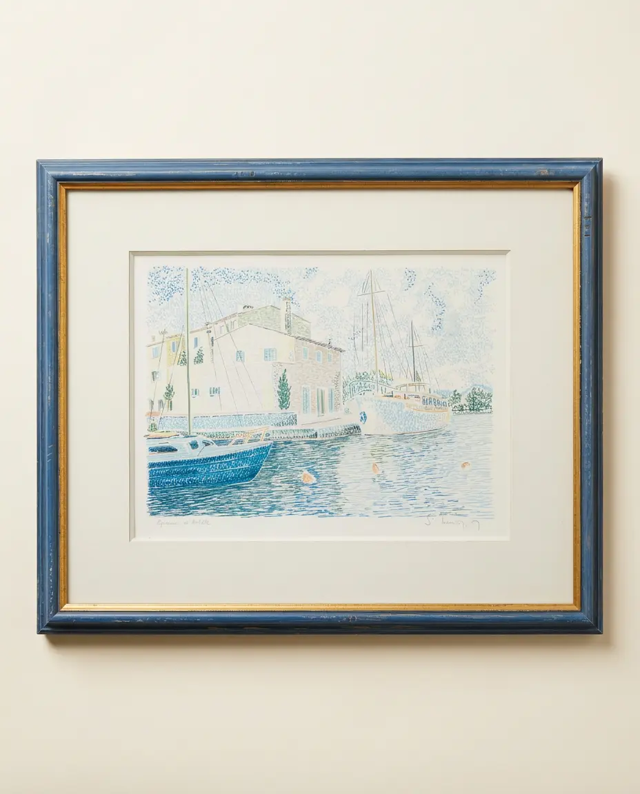 The Blue Harbour Print, print of a white harbour town and blue water