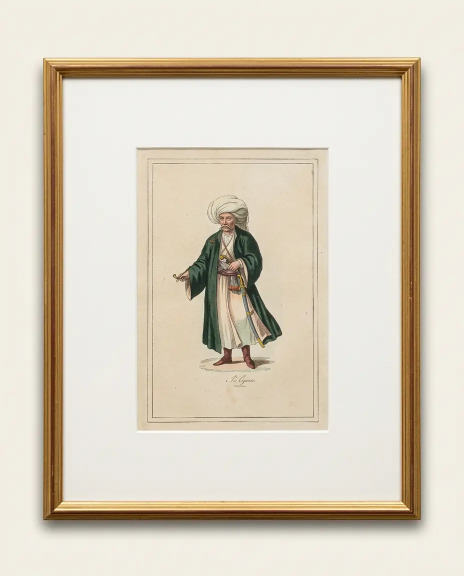 The Gentleman in Green, hand coloured print of a man in a green coat and turban