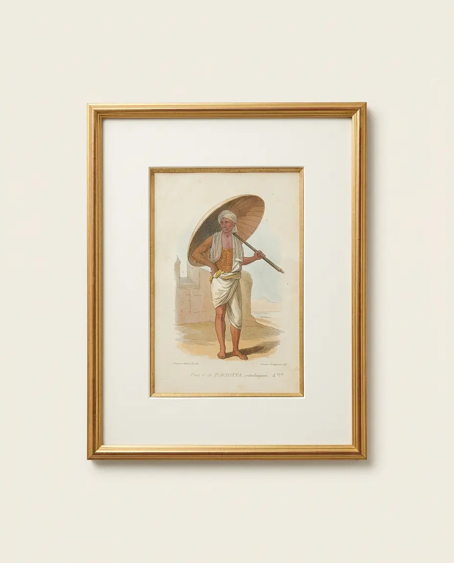 The Parasol Bearer, hand coloured print of a figure carrying a parasol