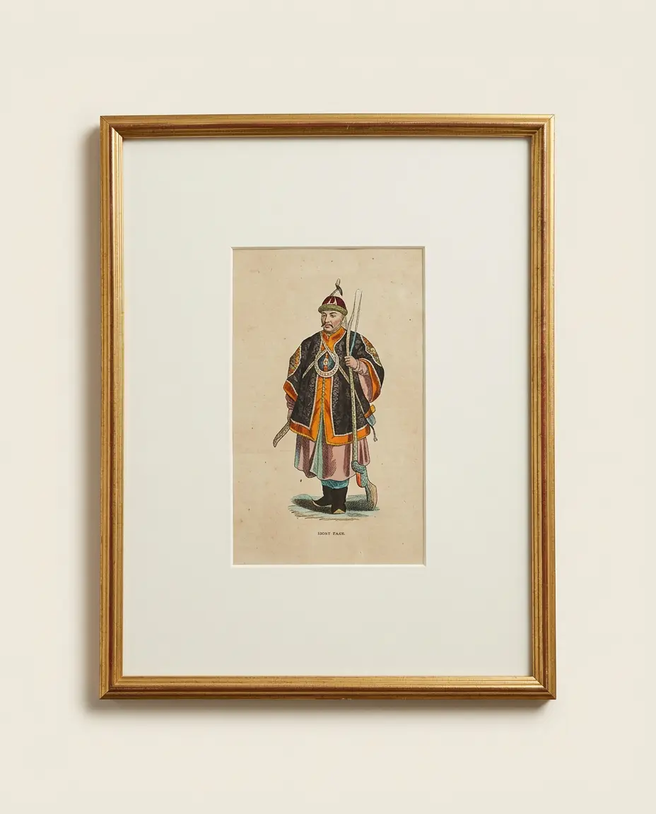 The Patterned Coat, hand coloured print of a figure in a patterned coat