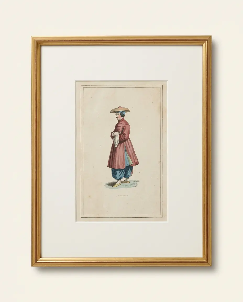 The Traveller in Red, hand coloured print of a traveller in a red coat