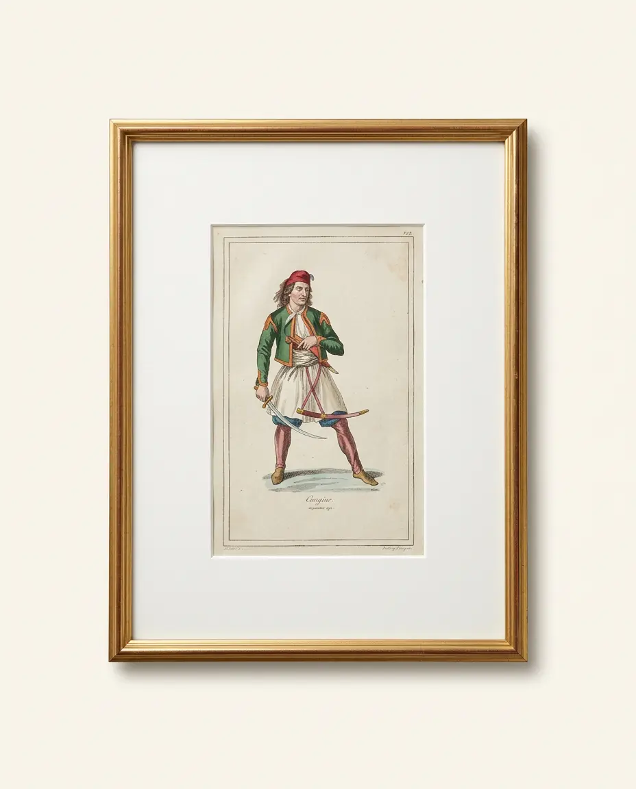 The Red-Hatted Archer, hand coloured print of an archer in a red hat