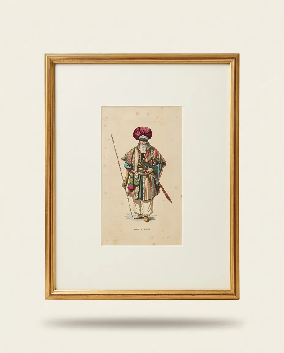 The Striped Coat, hand coloured print of a man in a striped coat with a sword