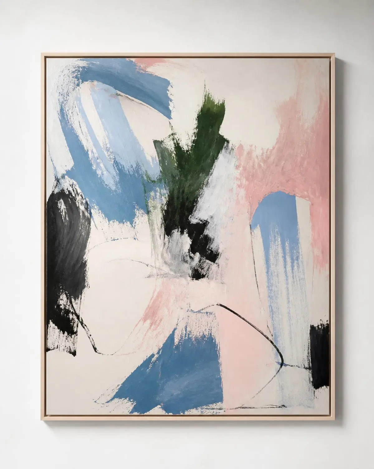 Garden After Rain, abstract painting in blue, pink and black