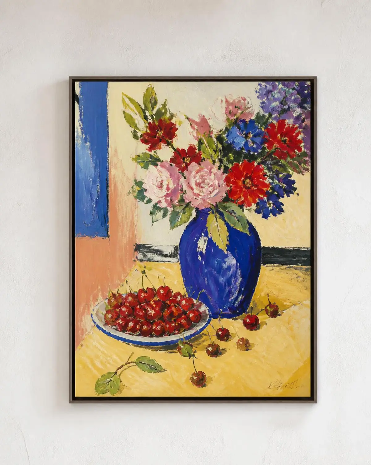 Cherries at Noon, still life painting of flowers in a blue vase and a bowl of cherries