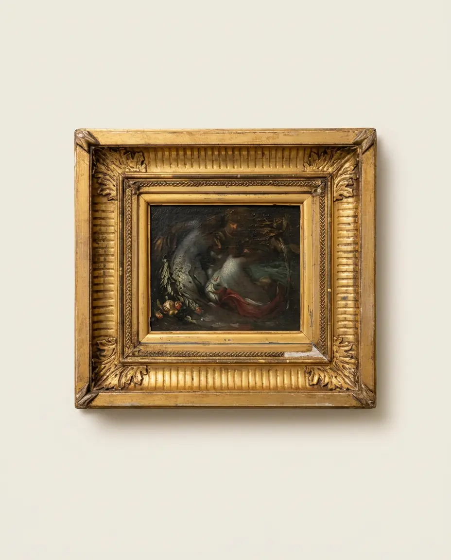 The Gilded Night Study, small dark oil painting in a carved gilt frame