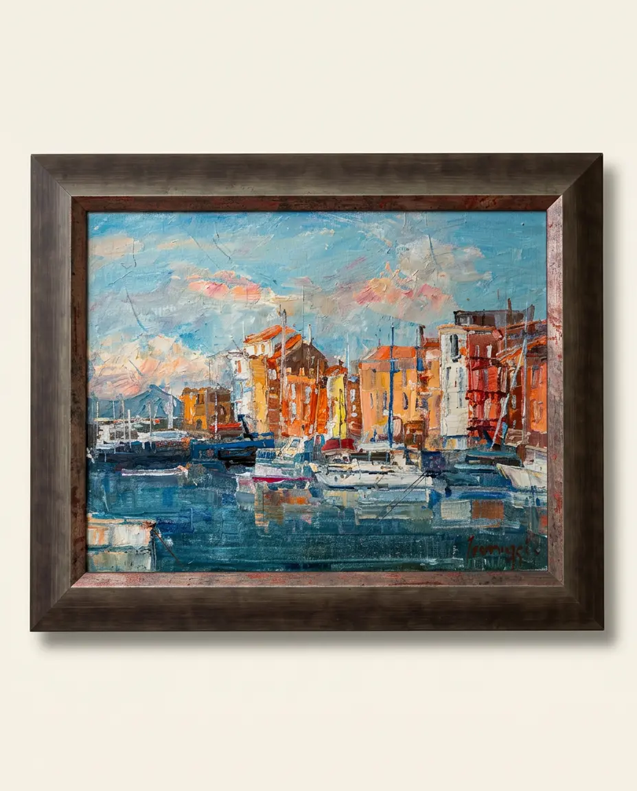 Harbour in Colour, oil painting of a colourful harbour town with boats