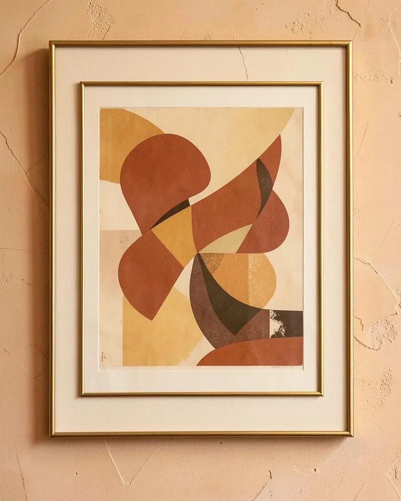 Geometric Earth, abstract lithograph of curved shapes in earth tones