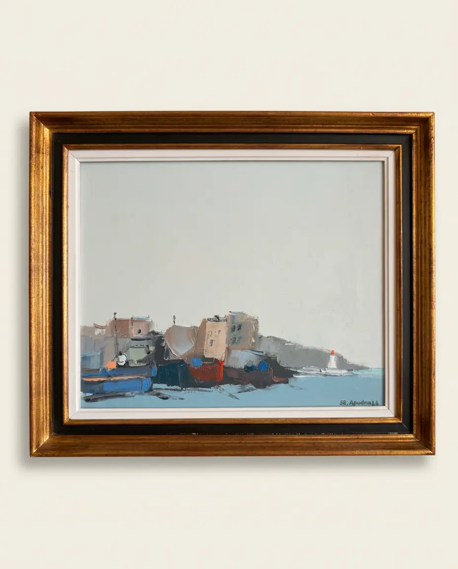 Quiet Harbour, oil painting of a coastal town under a pale sky