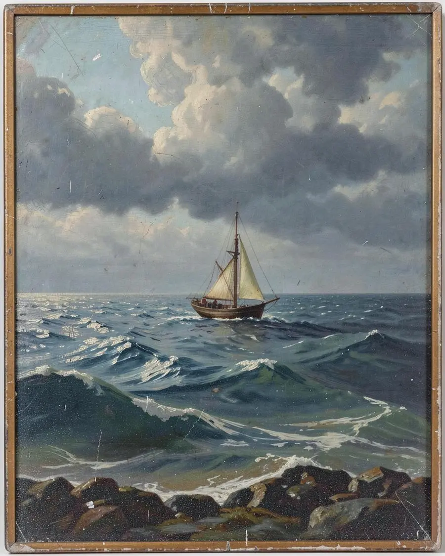 The North Sea, oil painting of a sailing boat on rough sea