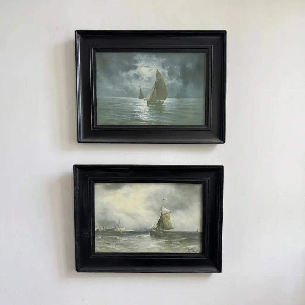 Harbour Squall, a Pair, pair of oil paintings of sailing boats at sea