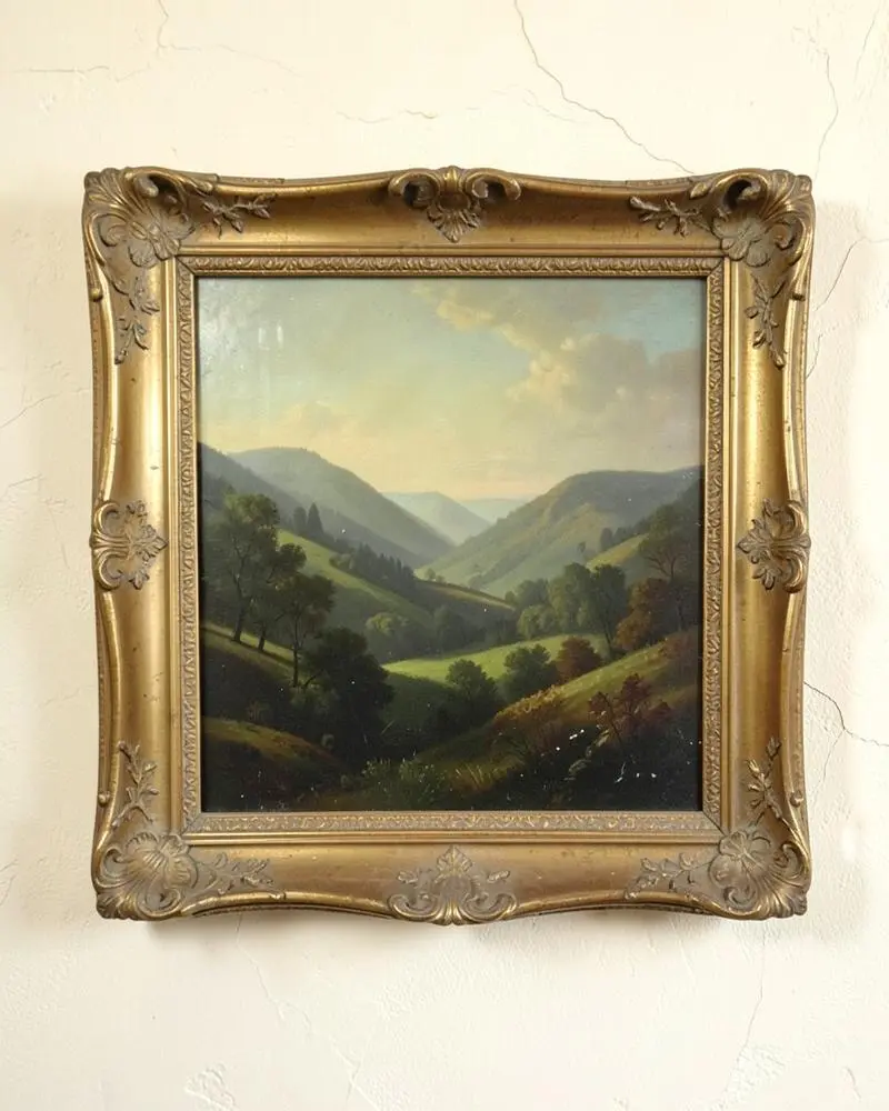The Gilded Valley, oil painting of a green valley between hills