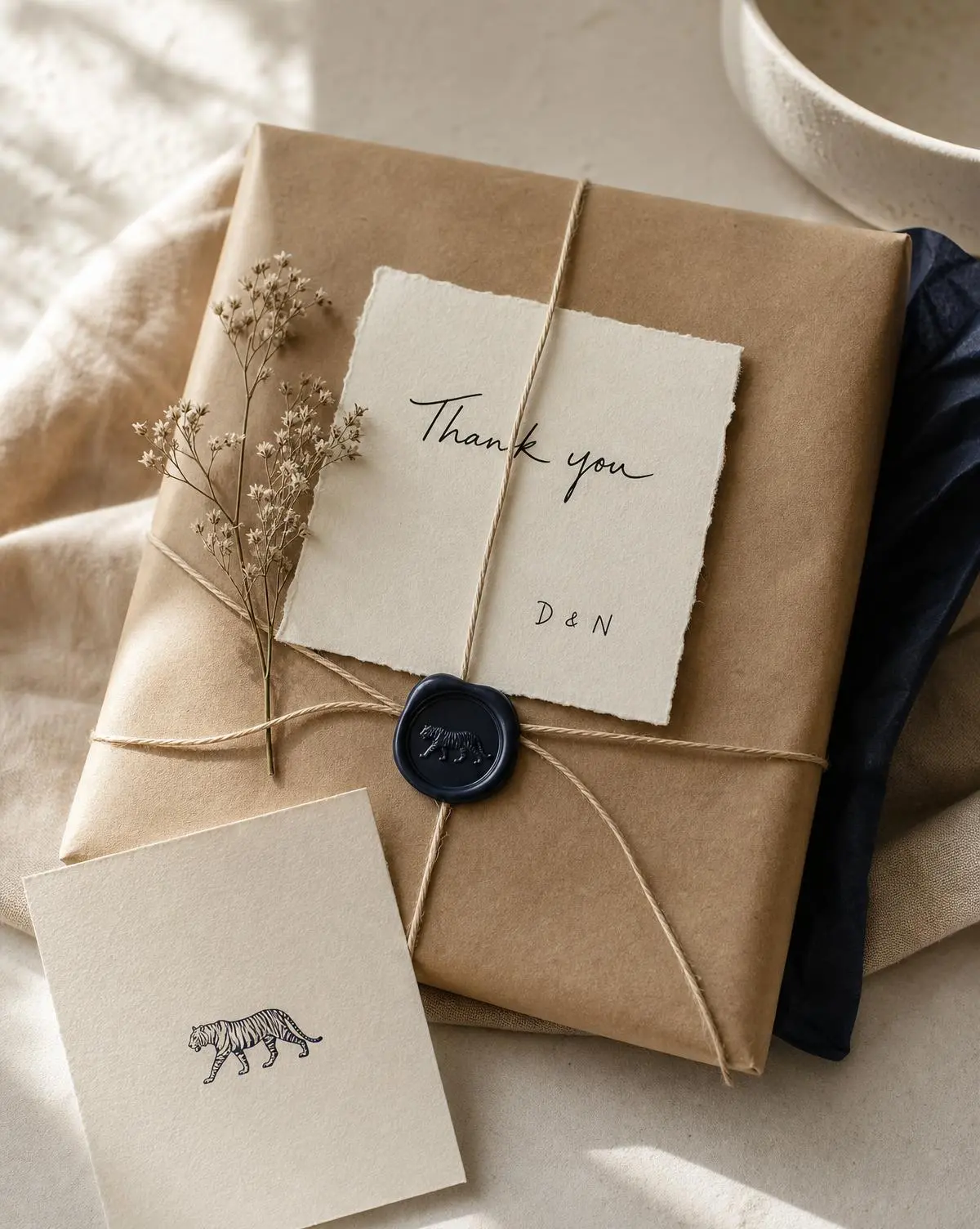 An art order wrapped in kraft paper, natural rope, a tiger wax seal and a handwritten note