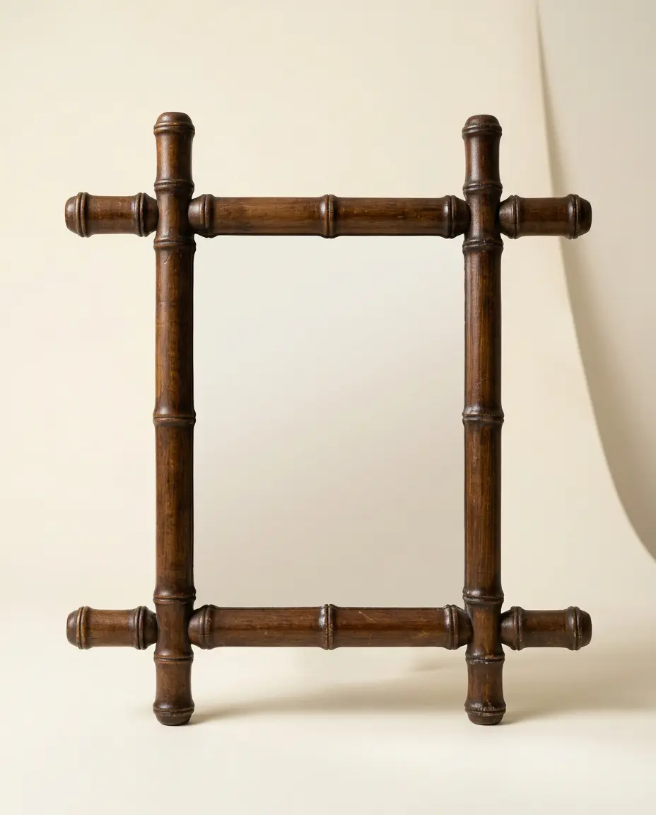 A dark faux bamboo turned wood framed mirror