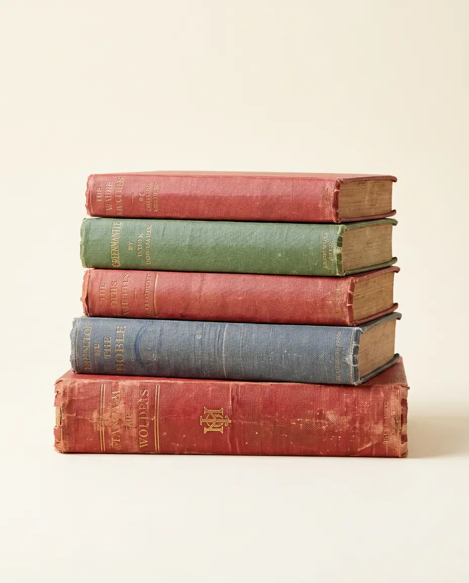 A stack of five antique cloth-bound books in faded red, green and blue