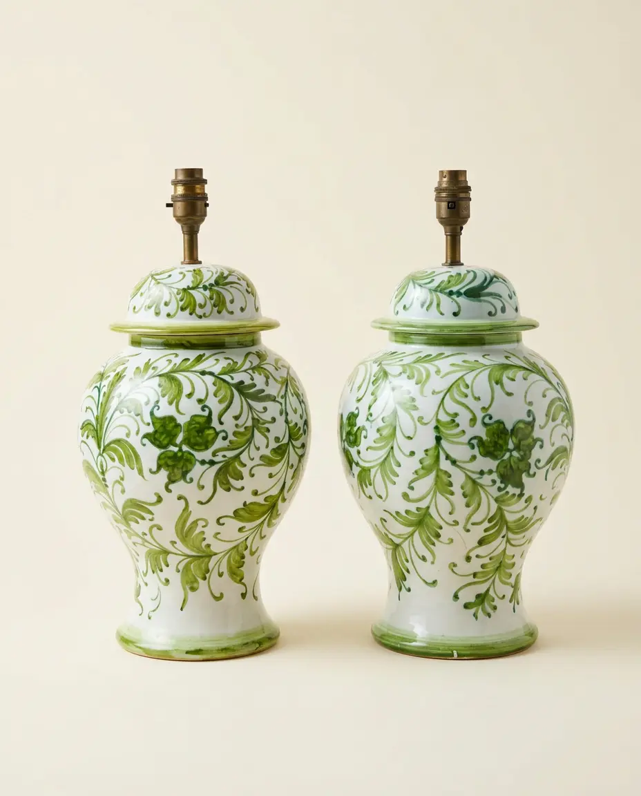 A pair of green and white hand-painted ceramic ginger jar lamp bases