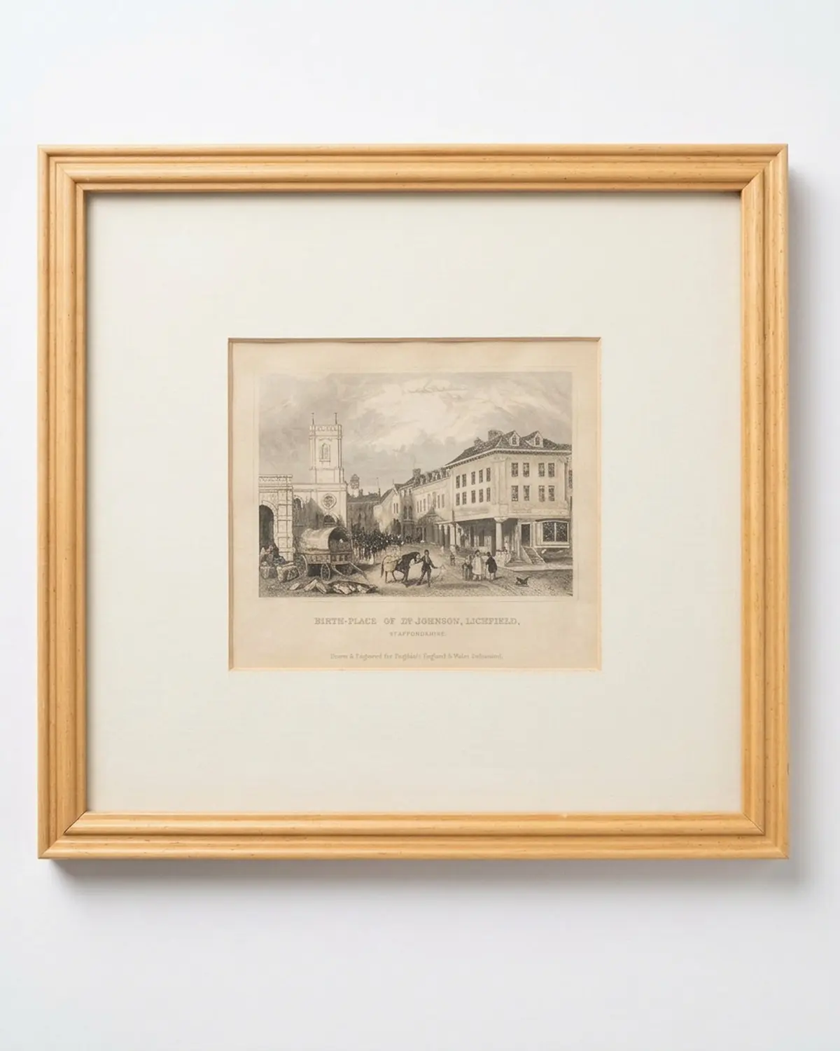 A framed antique engraving of the birthplace of Dr Johnson in Lichfield