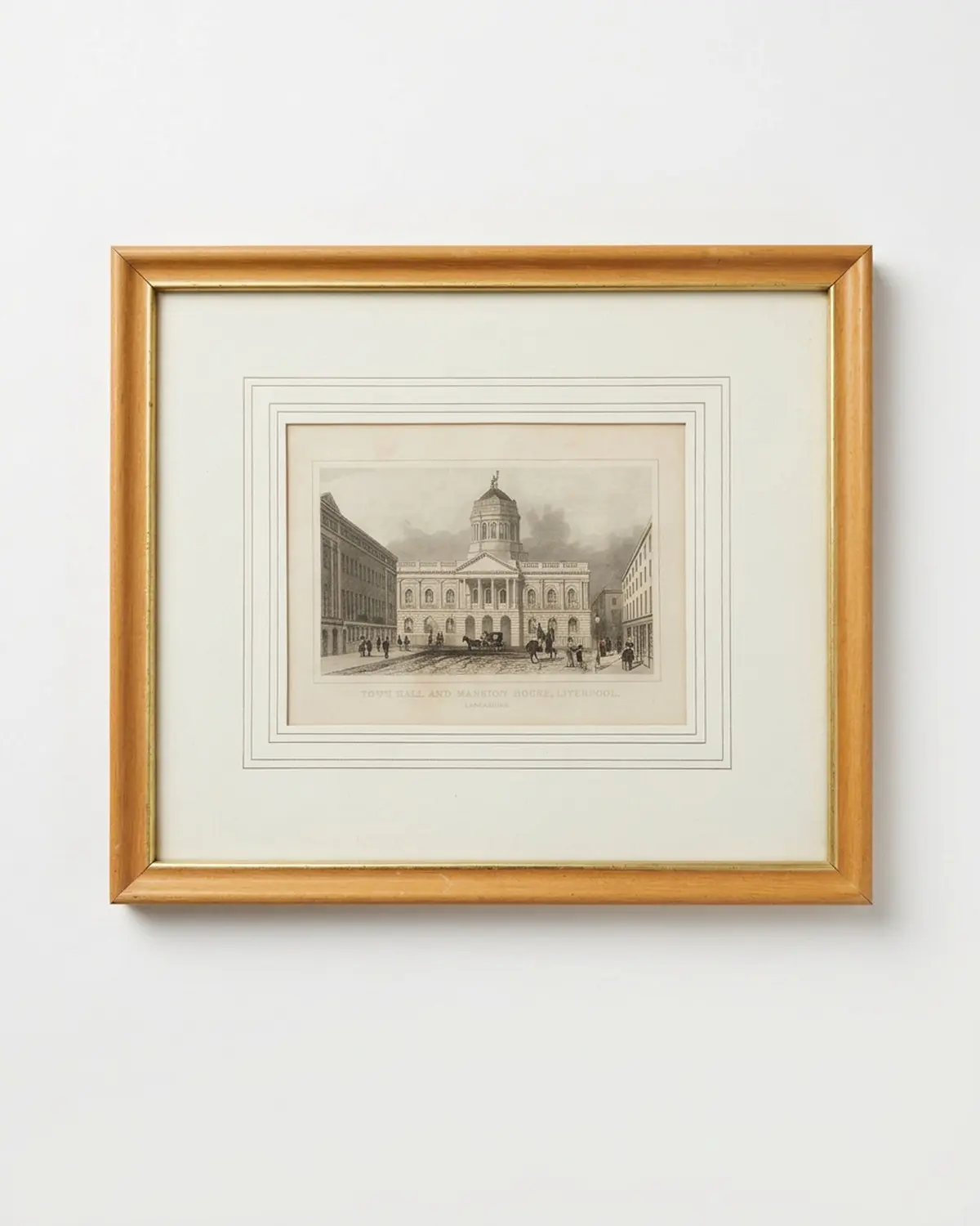 A framed antique engraving of Liverpool Town Hall and Mansion House