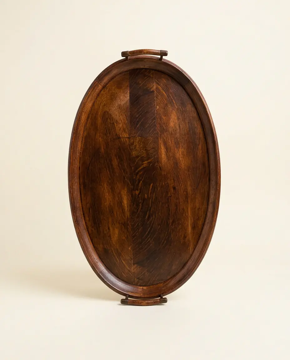 An oval mahogany serving tray with two wooden handles