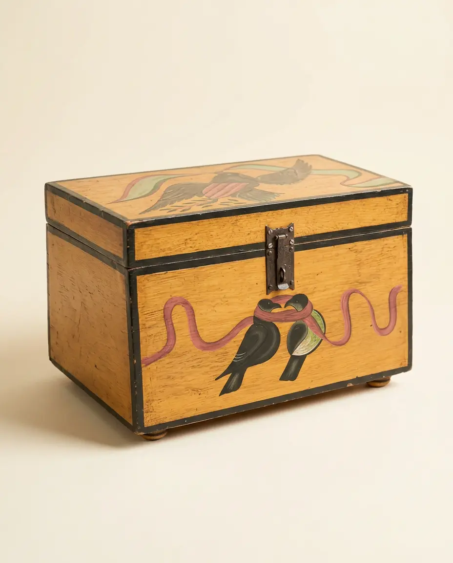 A hand-painted wooden box decorated with birds and ribbons