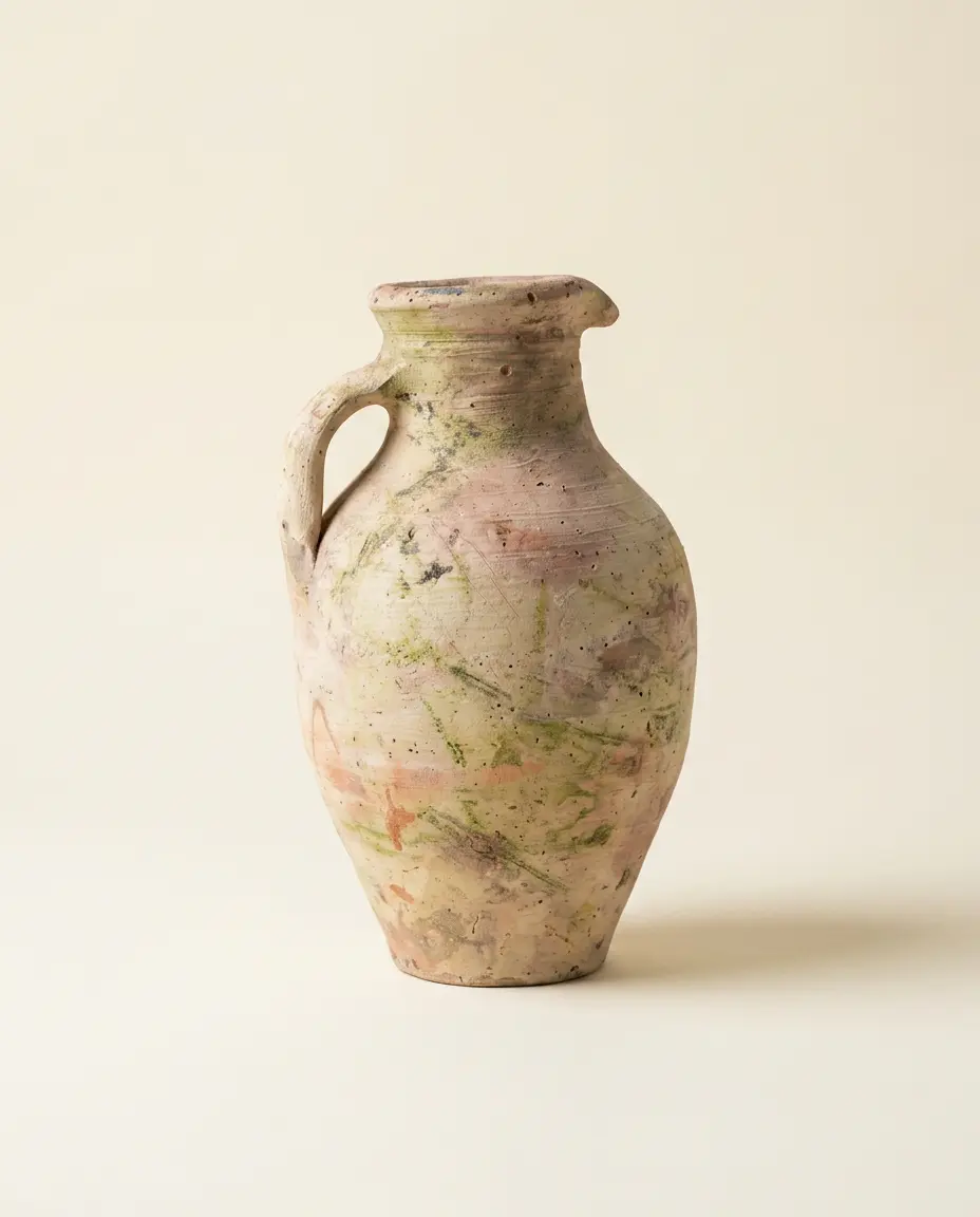 A pale weathered terracotta pitcher with one handle