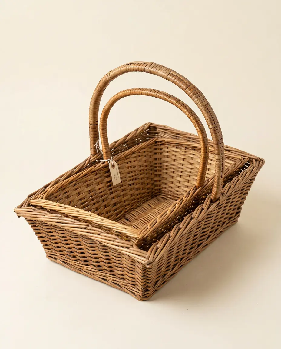 A vintage wicker basket trug with a curved bound handle