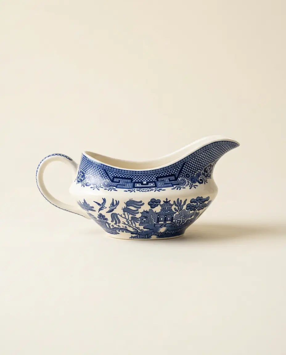 A blue and white willow pattern ceramic gravy boat