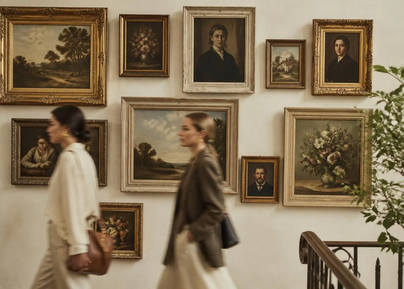 Domi and Nour beside a gallery wall of vintage paintings
