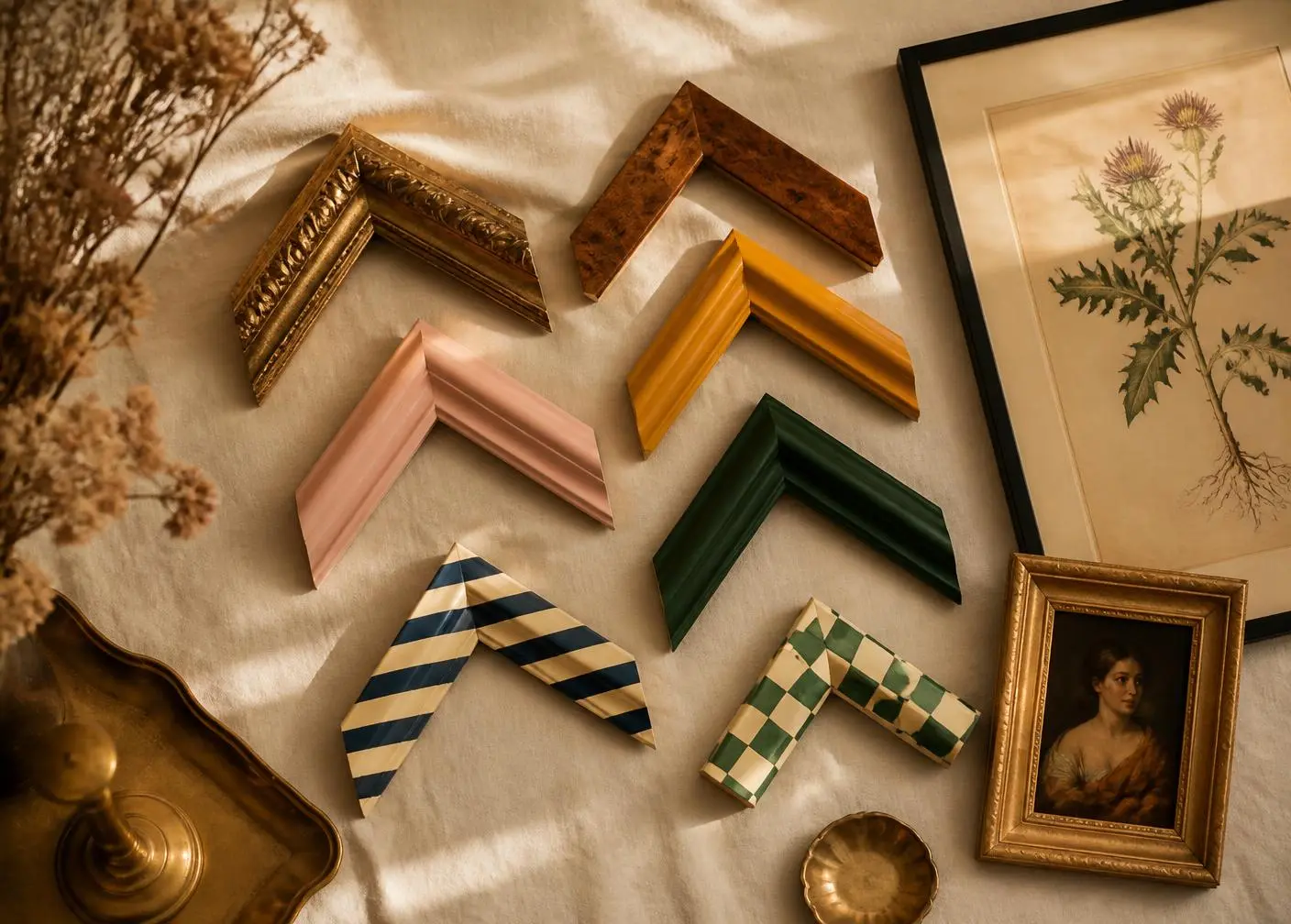 Frame corner samples in gilt, burl wood and rattan on a warm linen surface
