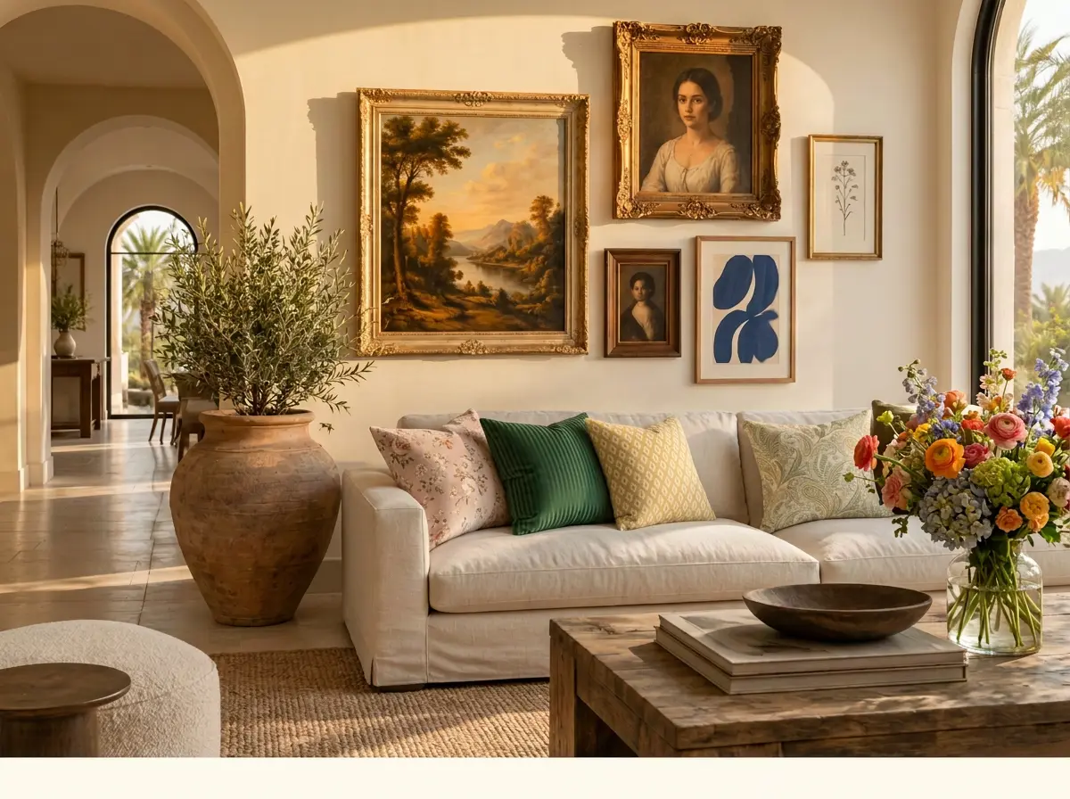 A gallery wall of framed paintings above a sofa with patterned cushions in a sunlit Dubai home