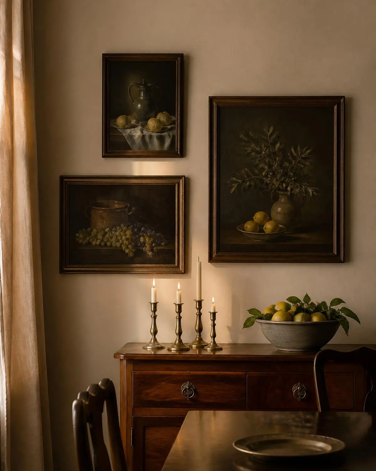Three vintage still life paintings above a dining room sideboard