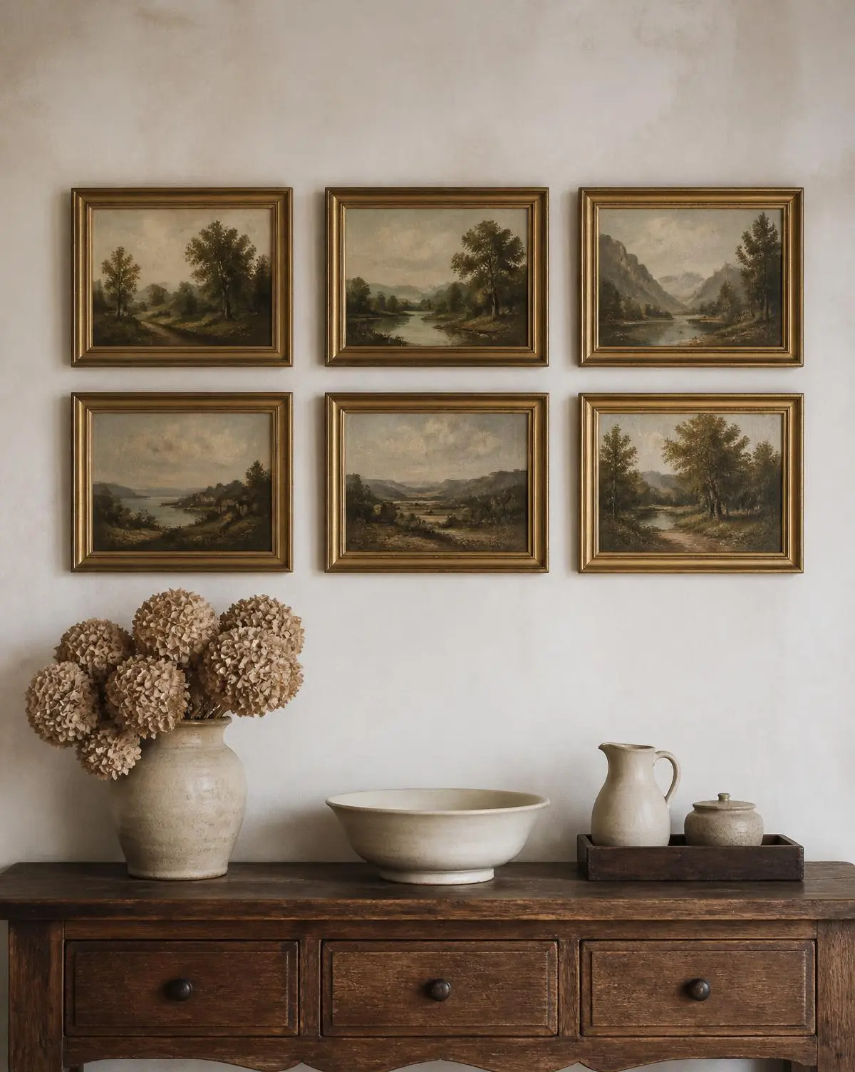 Six small vintage landscapes in matching gilt frames hung in a neat grid