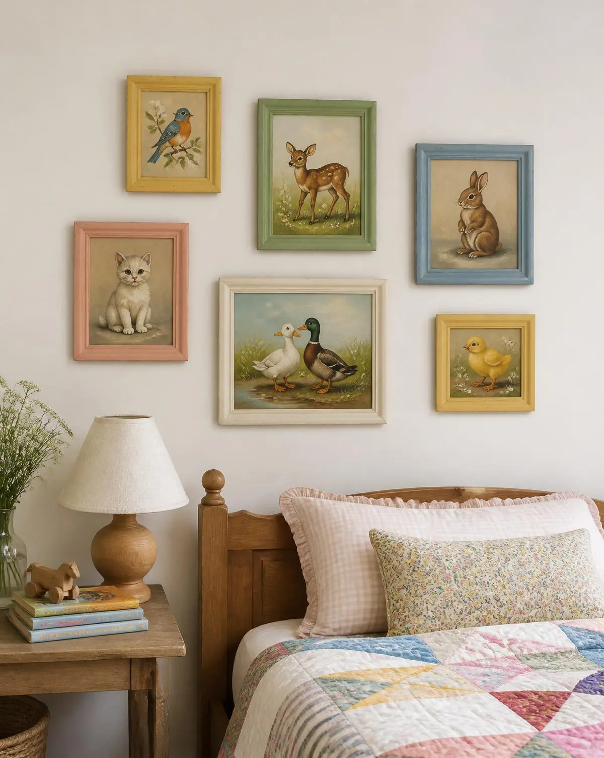 Small vintage animal paintings in pastel frames above a child's bed