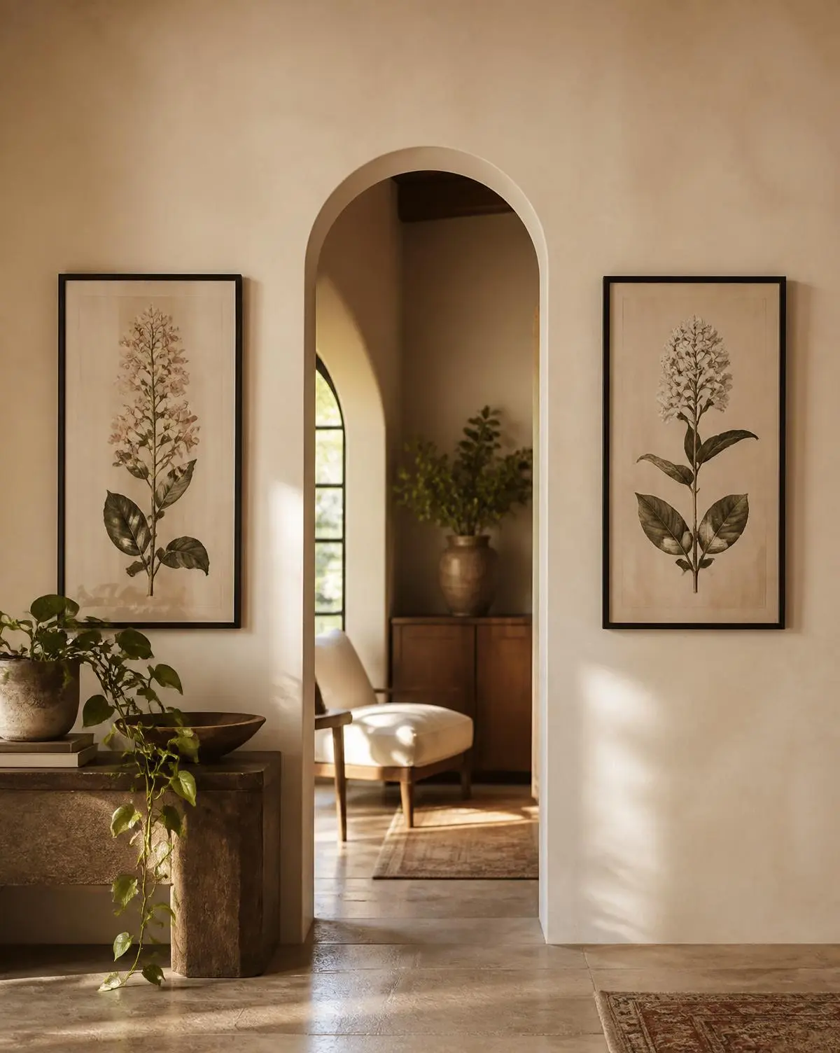 Two matching botanical prints flanking an arched doorway