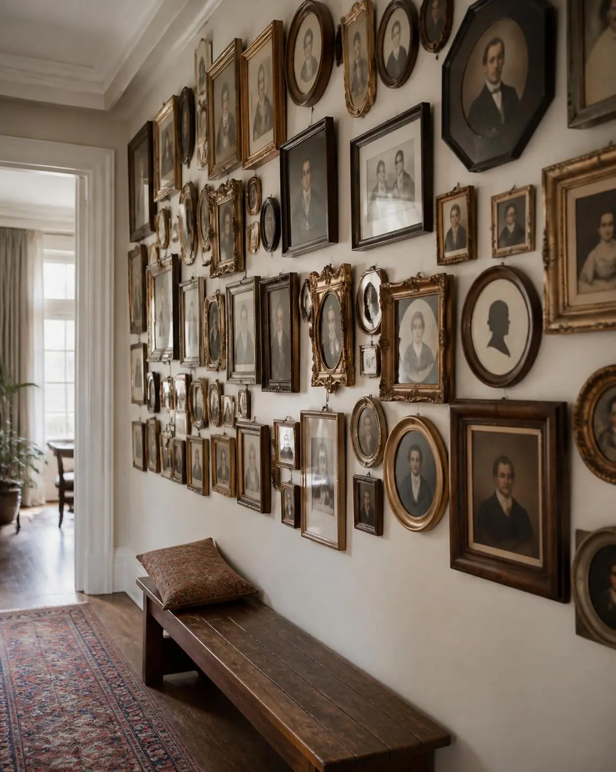 A hallway wall of small vintage portraits in mixed antique frames