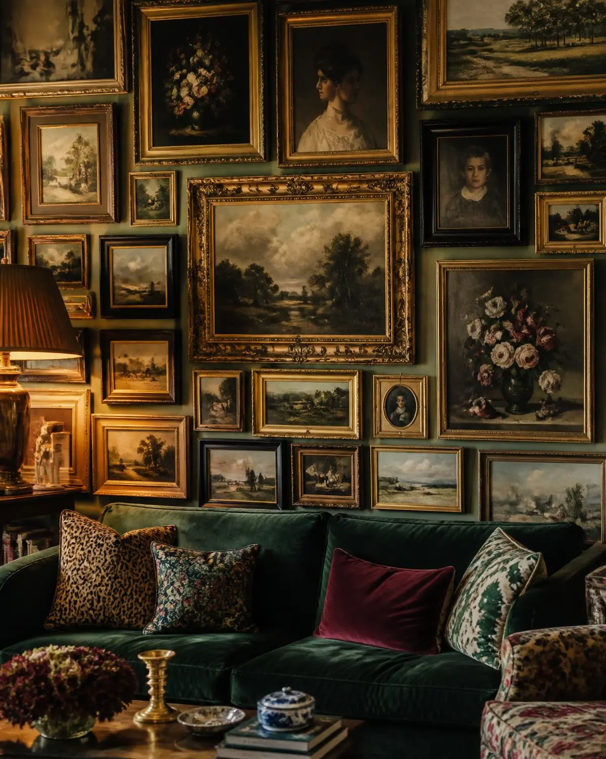 A dense salon hang of vintage paintings above a green velvet sofa