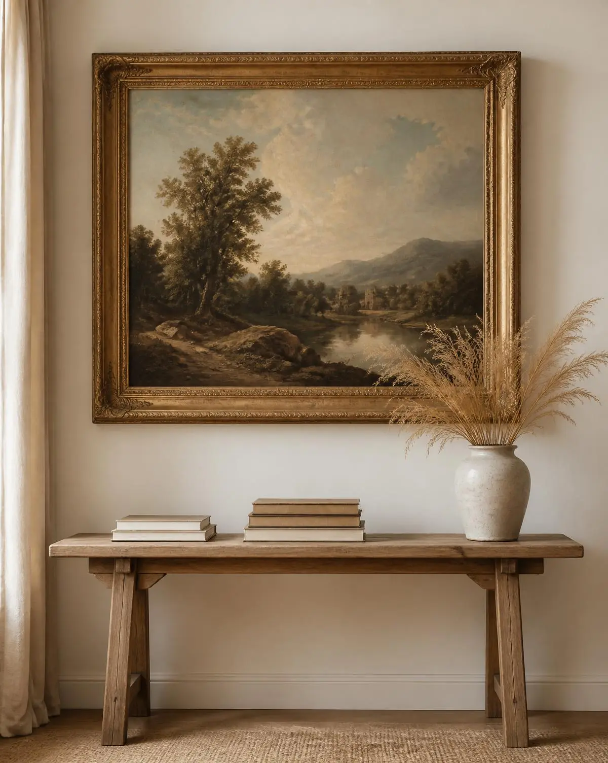 One oversized vintage landscape in a gilt frame above a wooden console