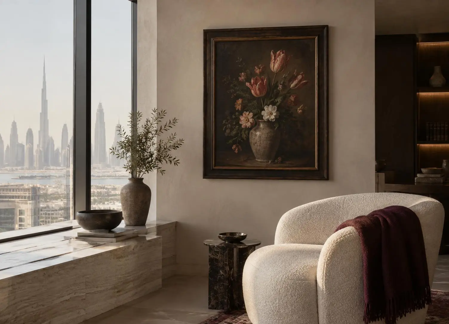 A single vintage Dutch still life in a dark frame on a minimalist wall in a contemporary Dubai home