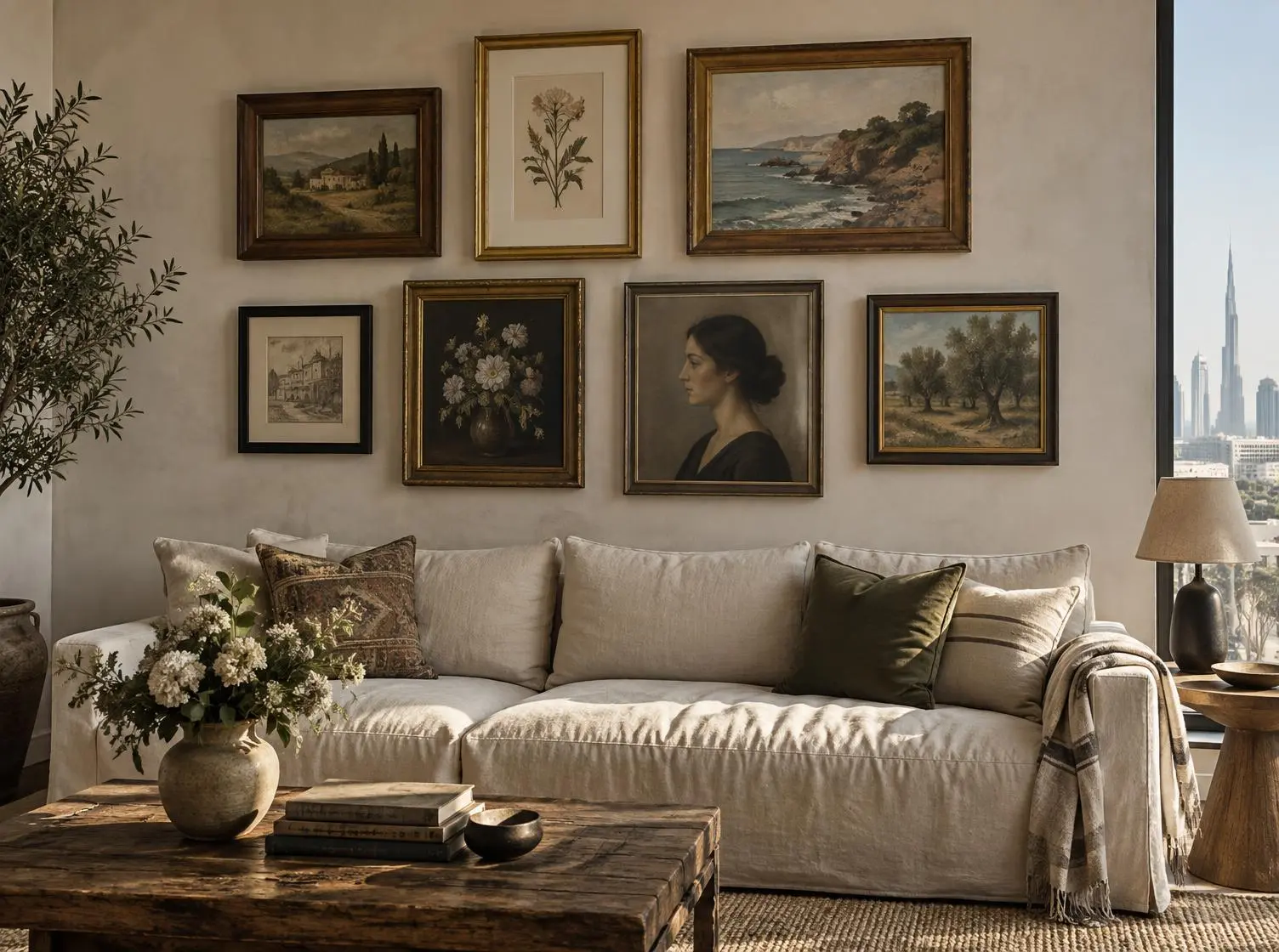 A collected gallery wall of mixed vintage art on a warm cream wall in a Dubai apartment
