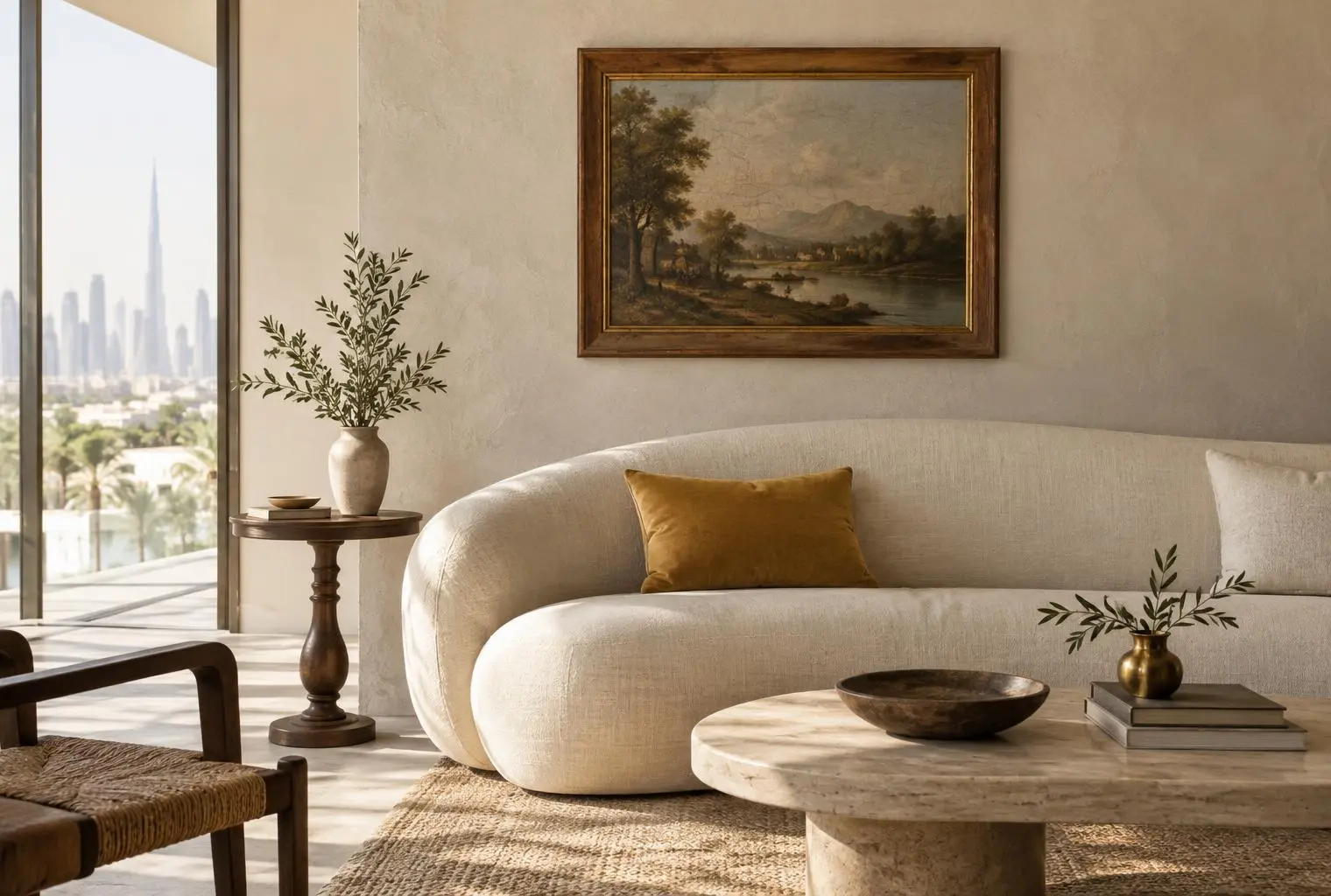 A vintage French landscape in an antique gilt frame above a curved sofa in a warm Dubai villa