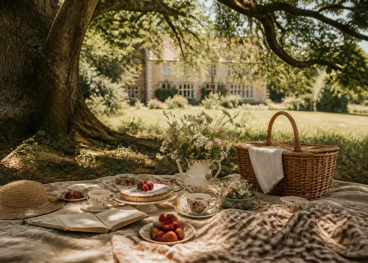 A picnic with vintage china, cake and a wicker hamper under a tree in country gardens
