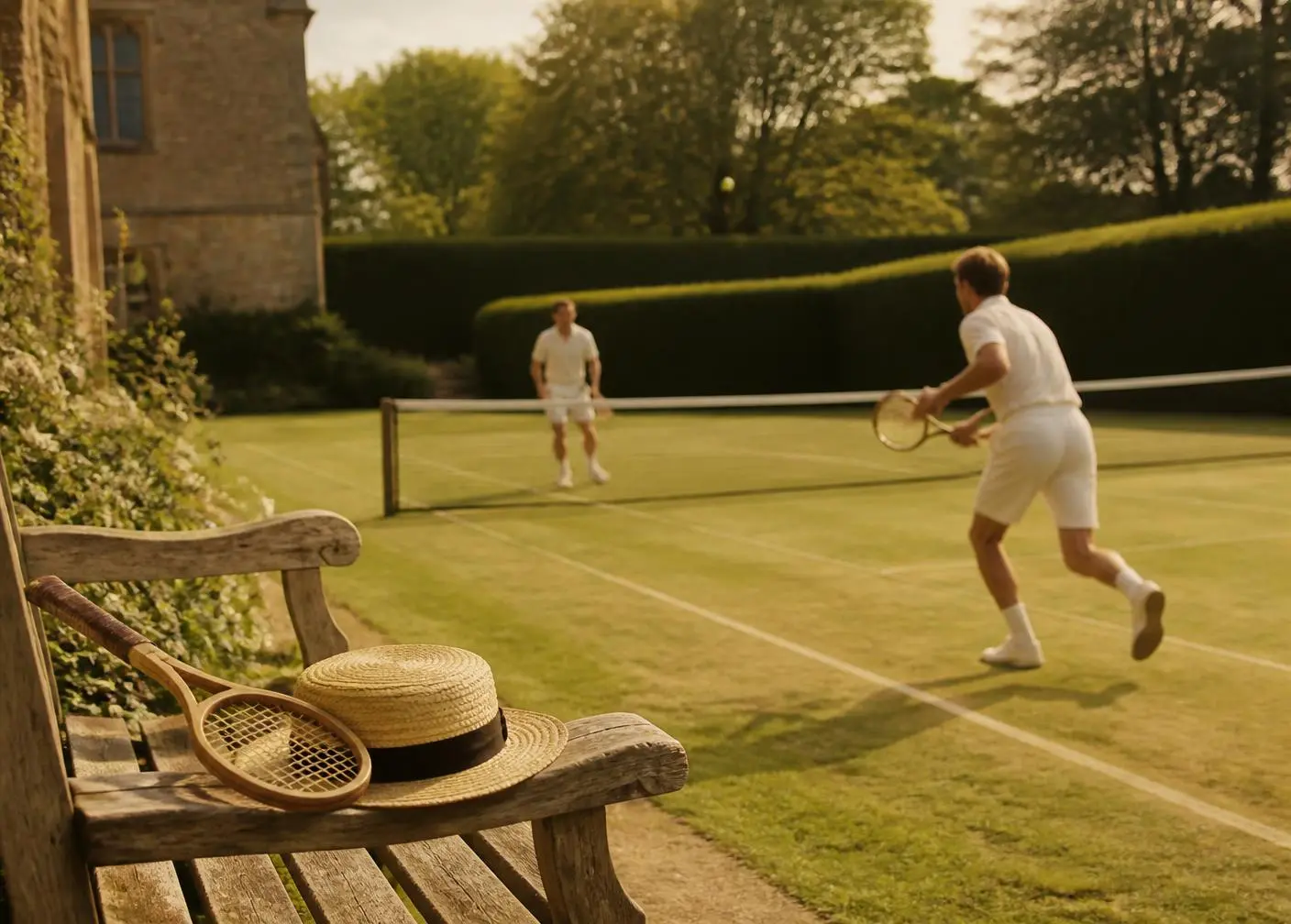 Friends playing tennis on the grass court of a country house, a wooden racket and straw hat on a bench