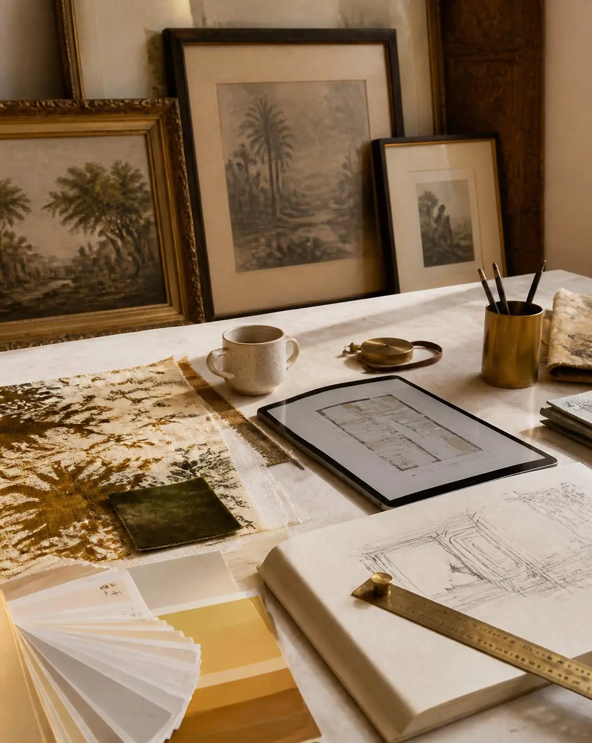 A designer's studio table with fabric swatches, paint chips, framed vintage art samples and a project brief