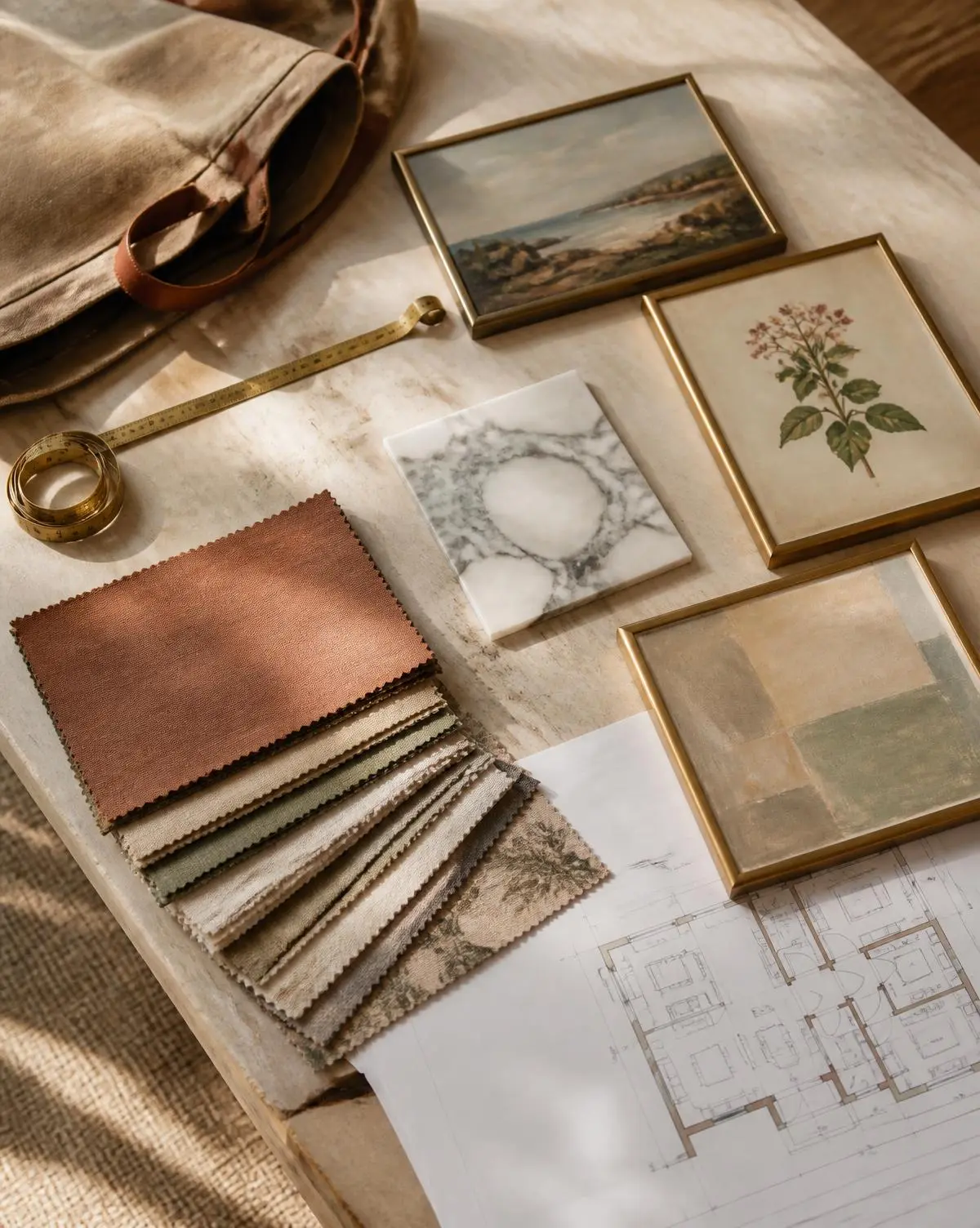 A designer scheme laid out with fabric swatches, a floor plan and framed vintage art