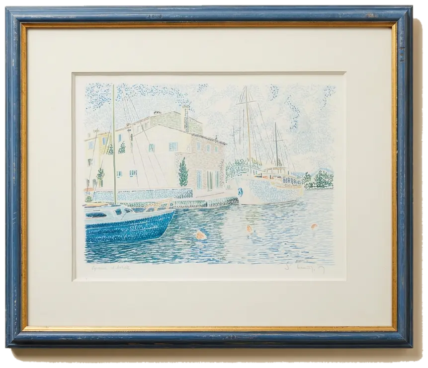 The Blue Harbour Print, print of a white harbour town and blue water