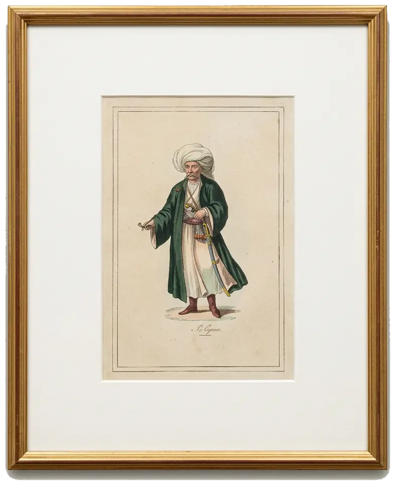 The Gentleman in Green, hand coloured print of a man in a green coat and turban
