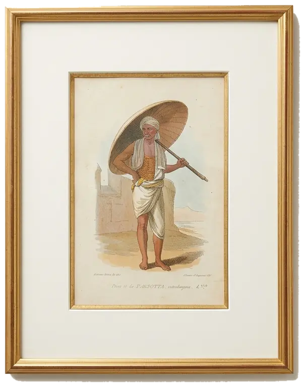 The Parasol Bearer, hand coloured print of a figure carrying a parasol