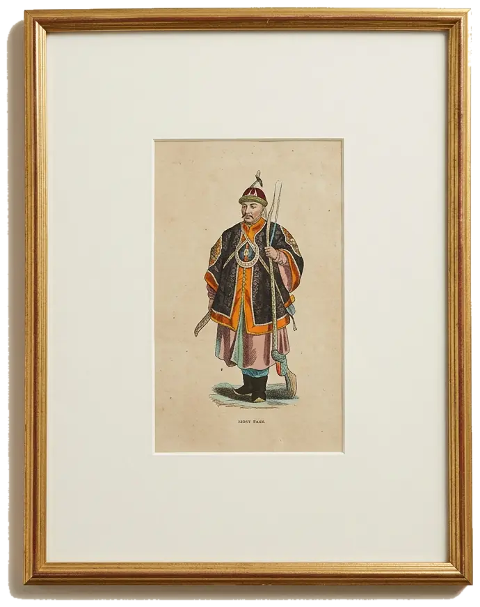 The Patterned Coat, hand coloured print of a figure in a patterned coat