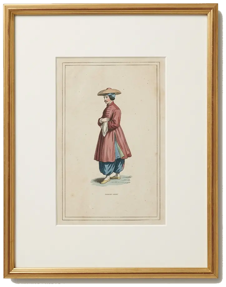 The Traveller in Red, hand coloured print of a traveller in a red coat